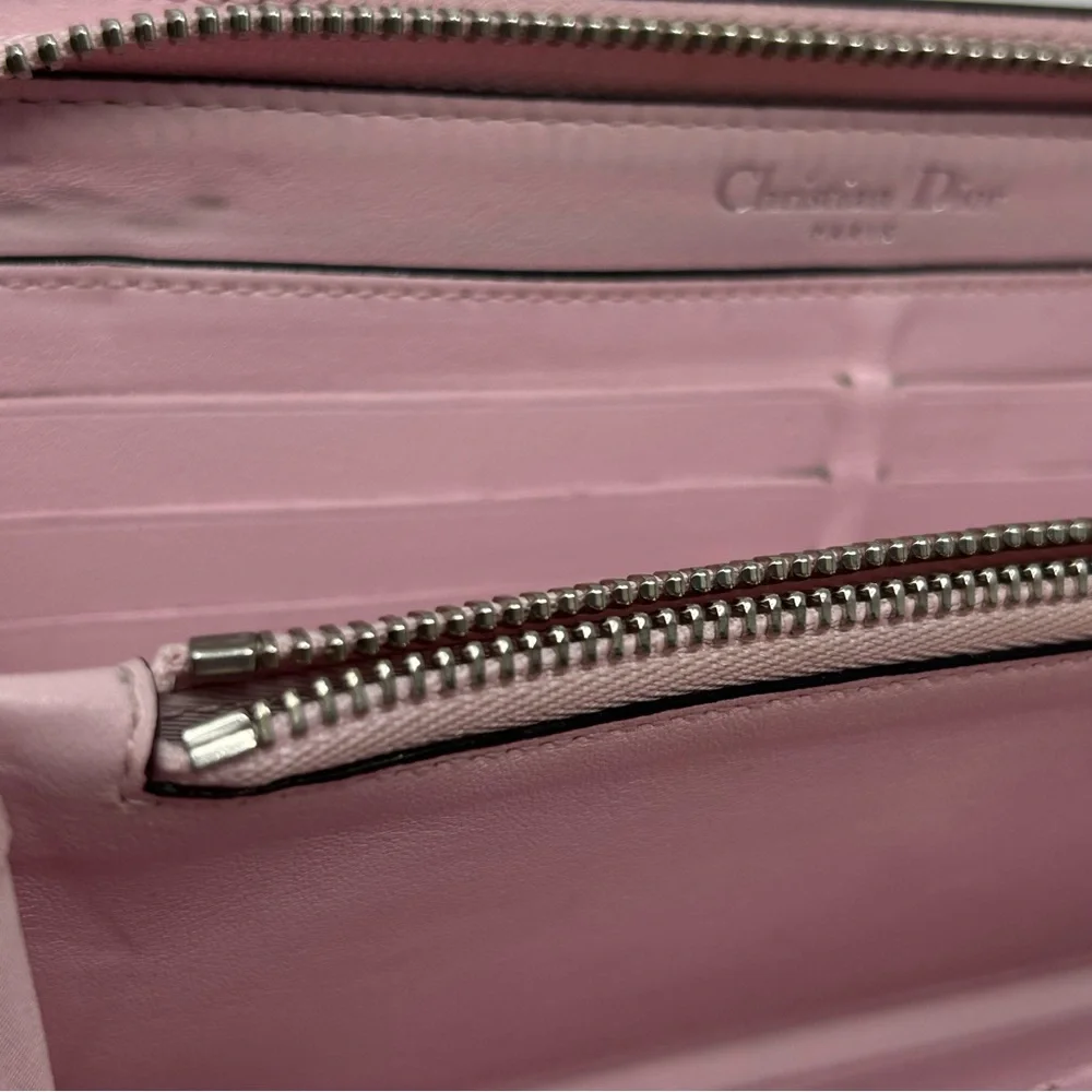 Dior Chevron Sequin Zip Around Long Wallet Black Leather Pink Interior Authentic